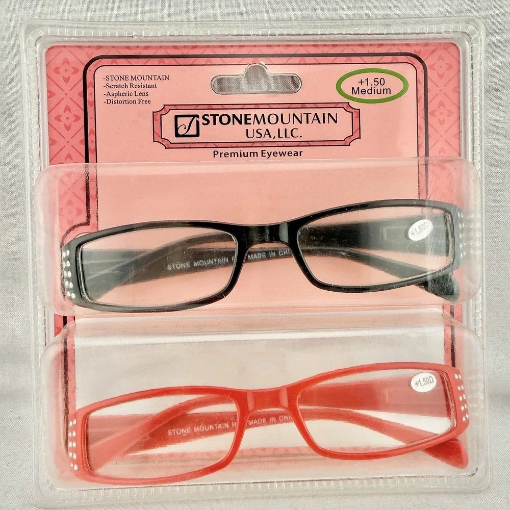 2 Rhinestone Rectangular‎ Reading Glasses +1.50 Med. Red & Black Frames Vintage